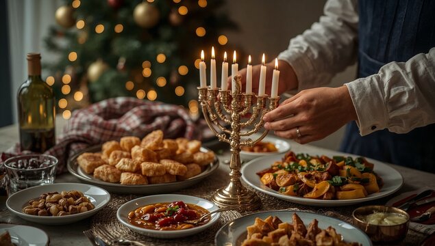 A person lights a menorah on a table, a traditional Jewish holiday display