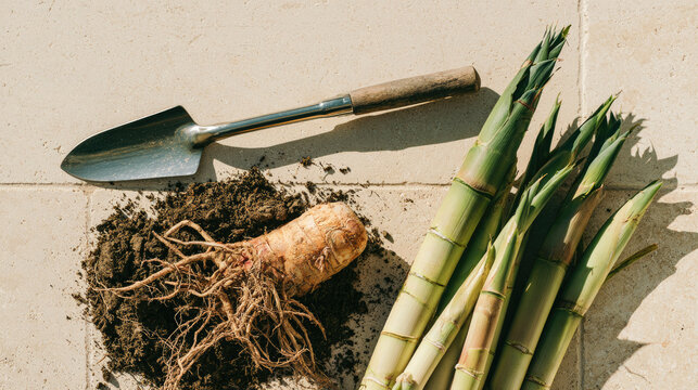 Bamboo shoot bamboo rhizome root soil garden trowel botanical still life