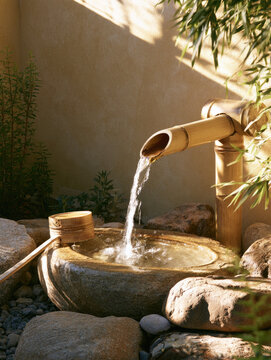 Bamboo water ladle garden fountain pours water into stone basin beside river rock in warm morning sunlight, creating serene natural landscape with bamboo foliage and calming outdoor atmosphere
