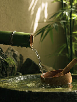 Bamboo water ladle garden fountain pouring water into stone basin with sunlit greenery and calm landscaping for peaceful outdoor meditation