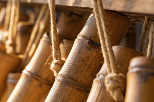 Bamboo wind chime tube suspended by hemp cord beneath wooden porch overhang, illuminated by warm sunlight with natural texture and rustic detail, creating serene atmosphere for mindfulness