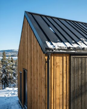 Modern Scandinavian cabin exterior with wooden cladding and metal roof in a snowy winter forest landscape
