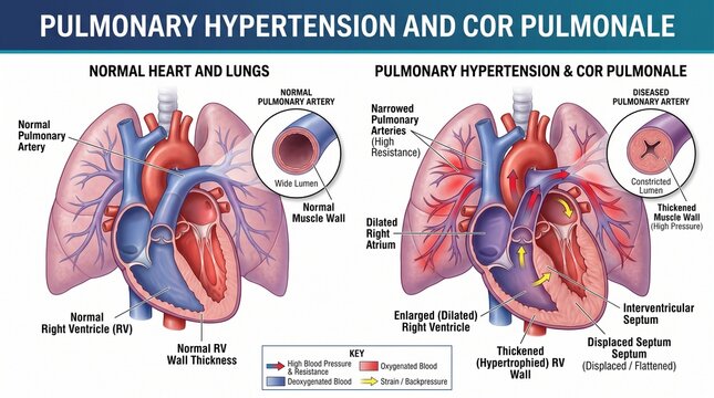 Pulmonary hypertension and cor pulmonale comparison showing heart