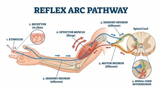 Reflex arc pathway showing stimulus sensory neuron spinal cord and