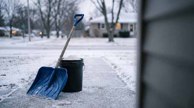Blue Snow Shovel and Salt Bucket Outdoors