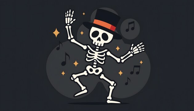 Funny cartoon skeleton wearing vintage top hat dancing with musical notes isolated on dark background Halloween concept.