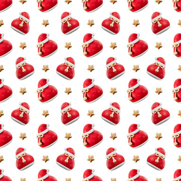3D Christmas seamless pattern with santa hats and stars