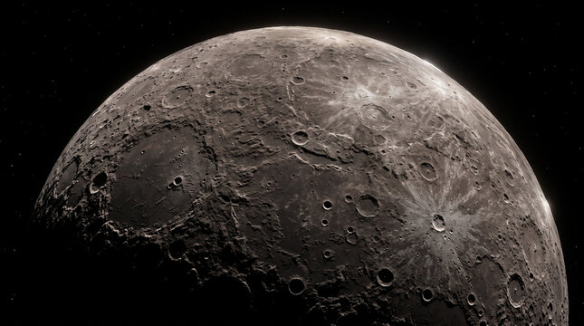 Mercure, la plan&egrave;te la plus proche du Soleil, d&eacute;voile une surface rocheuse couverte de crat&egrave;res spectaculaires.
Cette image g&eacute;n&eacute;r&eacute;e par l&rsquo;intelligence artificielle r&eacute;v&egrave;le des d&eacute;tails r&eacute;alistes, des re