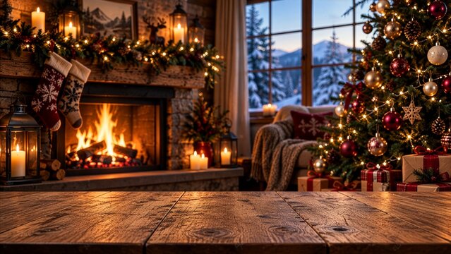 Christmas Holiday Table with Tree, Fireplace and Copy Space