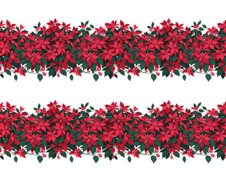 Seamless horizontal border pattern of vibrant red poinsettia flowers with dark green leaves arranged in two parallel rows on a black background, isolated on a, transparent background