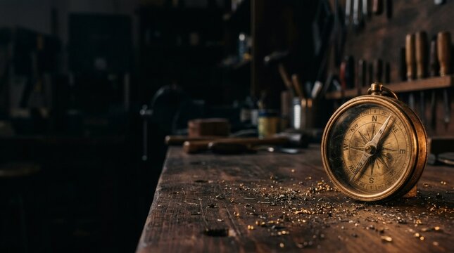 Antique brass nautical compass on dark wooden workshop workbench for travel concept poster.