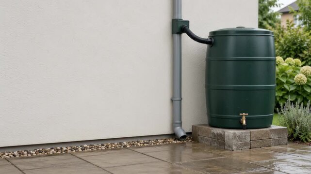 Rain beside a green barrel connected to a downspout with a brass tap