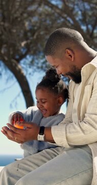 Fun, father or daughter in backyard with bubbles, bonding or happy moment in outdoor playtime. Smile, child or black family with game, parent connection or quality time in playful relationship.