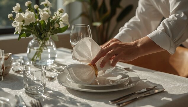 A person placing a napkin on a plate, simple and elegant table setting
