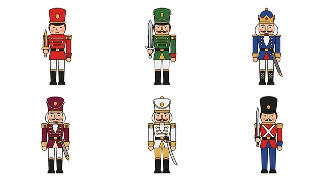 Collection of six traditional wooden nutcracker soldiers in festive military uniforms on white background