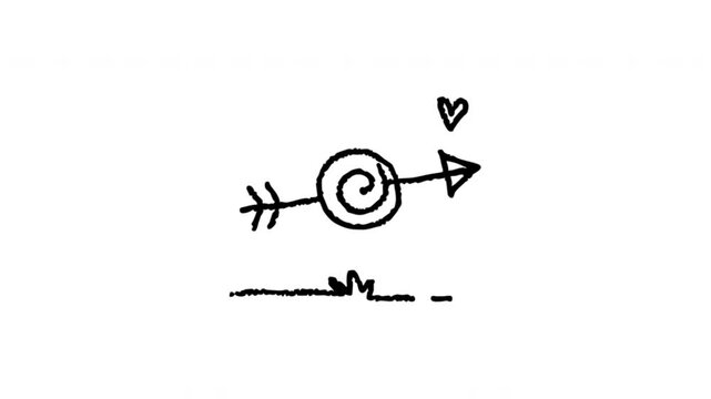 Cupid Arrow For Love And Romantic Messages Doodle Animation With Alpha Channel. Heart Tipped Arrow And Affection Symbol. Animated Hand-Drawn Icon For Video Overlay 4K.