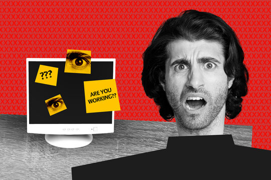 Surprised man at computer with sticky notes asking 'Are you working?' illustrating remote work surveillance and micromanagement