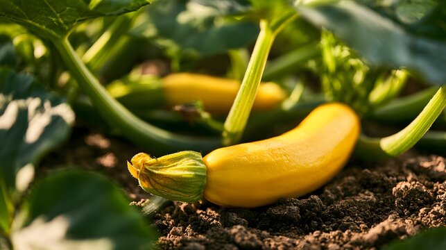 Vibrant yellow zucchini squash growing in fertile garden soil showcasing organic farming and fresh produce