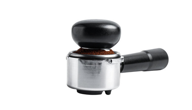 A stainless steel espresso portafilter with a black handle, filled with freshly tamped coffee grounds forming a smooth dark puck, isolated on transparent background.