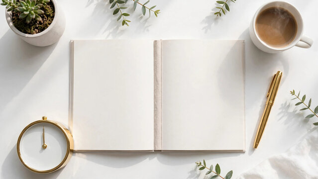New beginnings desk flat lay, blank open calendar with no readable text, fountain pen, coffee cup, small potted plant, gold clock showing midnight, clean white workspace, bright morning daylight,
