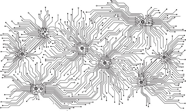 Black motherboard trace lines forming complex neural network patterns for artificial intelligence use.