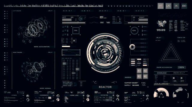 Futuristic digital headsup display interface with engine status indicators, data graphs, and navigation elements on a dark background for scifi technology concepts