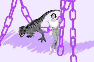 Full 3d art banner collage of happy guy girl stand captive prison trap chain predator dinosaur rex monster fear jurassic era © deagreez