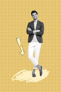 Trendy 3d poster image photo collage of inexperienced businessman stand arrow crack doodle decline regress statistics down