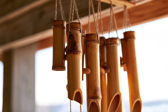 Bamboo wind chime hanging from wooden porch overhang with warm natural light, hollow tubes, hemp cords, and gentle movement creating serene acoustic scene for mindful outdoor living