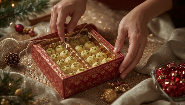 A person placing a string in a box of cookies