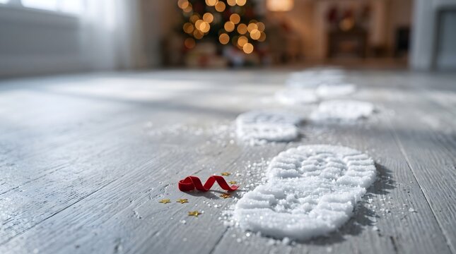 Snowy footprints leading across a wooden floor toward a decorated christmas tree in a living room with interior decoration celebration december tradition direction