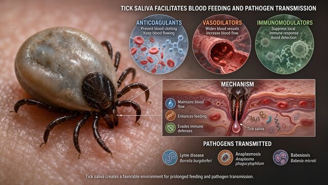 Scientific diagram of engorged tick attached to human skin showing saliva components and mechanism enabling pathogen transmission like lyme disease, anaplasmosis, and babesiosis