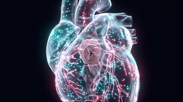 暗視野に浮かぶ半透明な心臓全体と血管構造を描いた医療科学CG