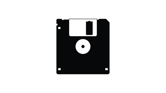 Black floppy disk with metal slider stark white background silhouette