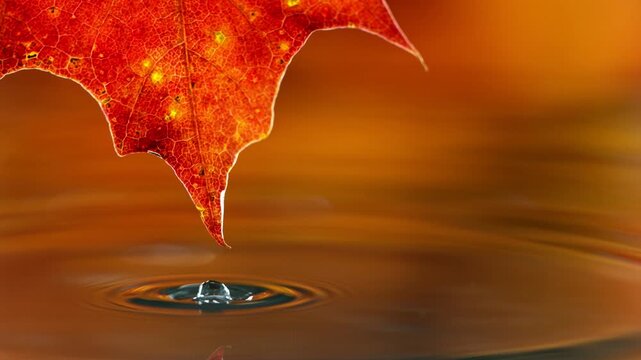 Macro slow motion footage of a water droplet falling from a maple leaf, captured at 1000 fps. Intricate leaf veins, delicate water movement, and natural details in stunning close-up.