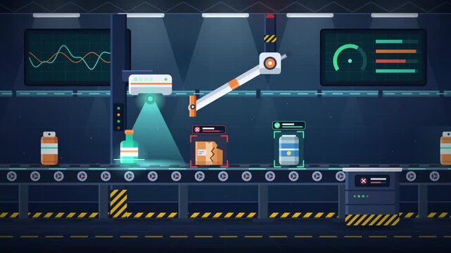 Automated industrial production line with robotic arms processing products on a conveyor belt.