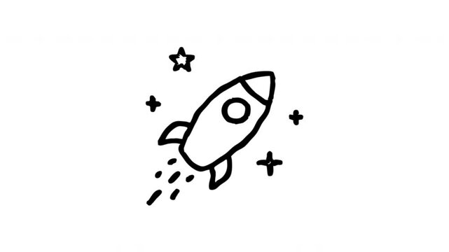 Rocket Ship For Launch And Innovation Hand Drawn Doodle Animation. Spacecraft And Space Exploration Symbol. Startup Growth And Mission Success. 4K Loop With Alpha Channel.