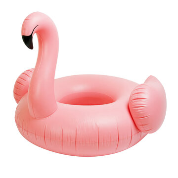 Pink inflatable flamingo pool float isolated on white background with clipping path, creating playful summer mood