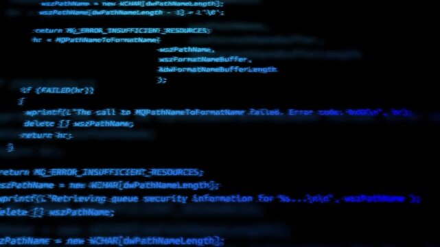 Computer programming code displayed on a dark screen with blue text, representing software development, cybersecurity, or data processing concepts