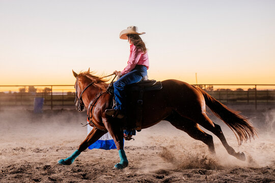 Horseback rider galloping a brown horse with turquoise leg wraps