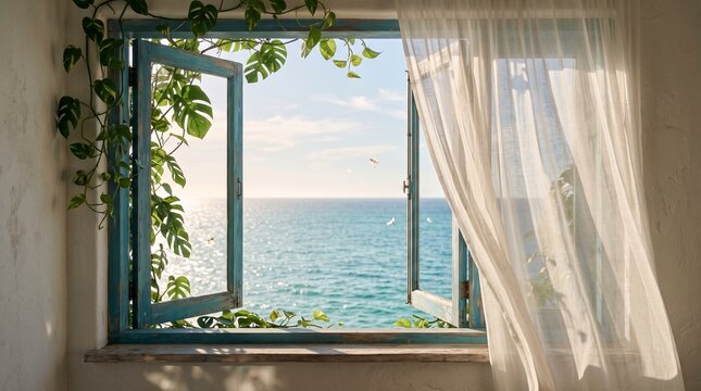 Open window with ocean view and sheer curtains blowing in the breeze, ideal for travel blogs, resort promo materials, and serene home backgrounds.