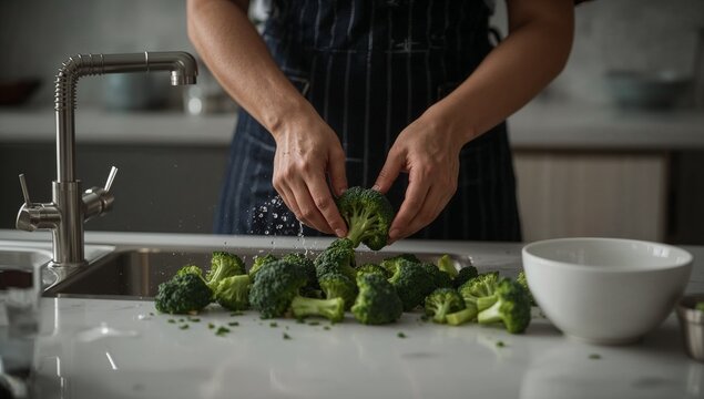 A person sprinkling broccoli on a counter top, a healthy snack option