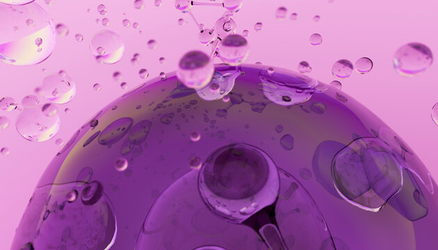 3d illustration of purple molecular structures with floating liquid