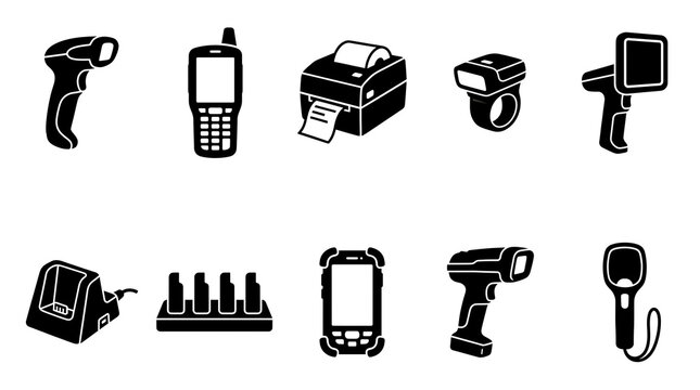 Warehouse inventory scanners printers and mobile devices isolated on