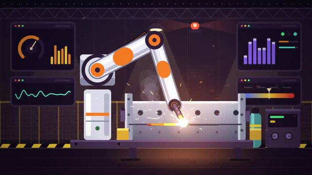 Automated robotic arm welding metal parts in a modern industrial factory setting with digital data dashboards.