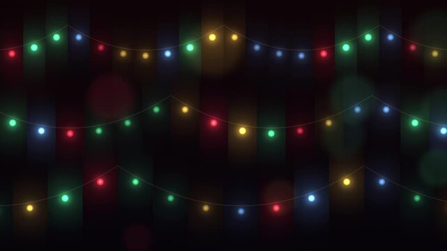Twinkling Christmas string lights glowing in red gold and green on dark background with soft bokeh, holiday seamless loop