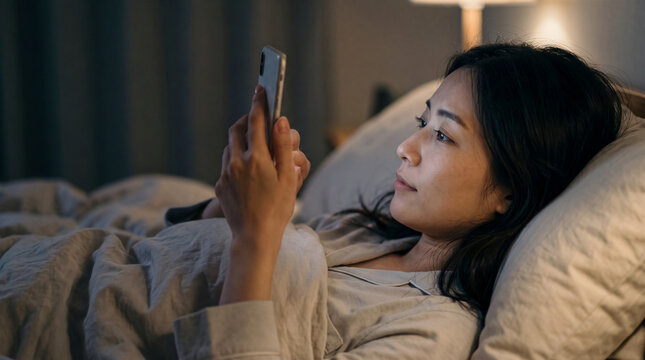 夜布団の中でスマートフォンを見る女性
