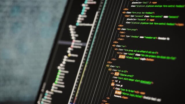 Computer screen displaying html code with syntax highlighting, representing software development, programming, and web design concepts in a modern digital environment