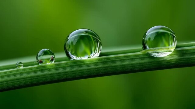 Water droplets rest on a green leaf