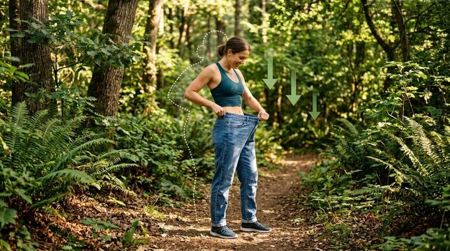 Happy woman showing weight loss success during her fitness journey